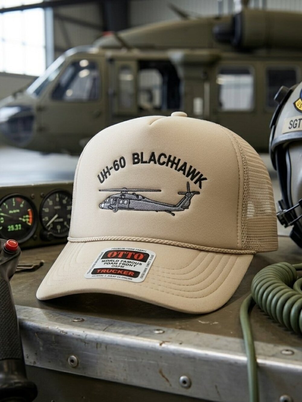 UH-60 Blackhawk Helicopter Embroidered Tan Foam Rope Snapback Hat OTTO Military